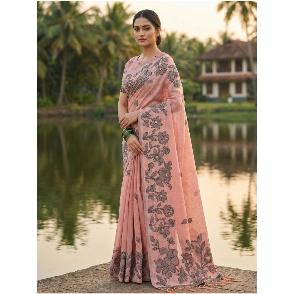 Generic Women's Linen Cotton Printed Saree With Unstitched Blouse 5.5Mtr (Peach)
