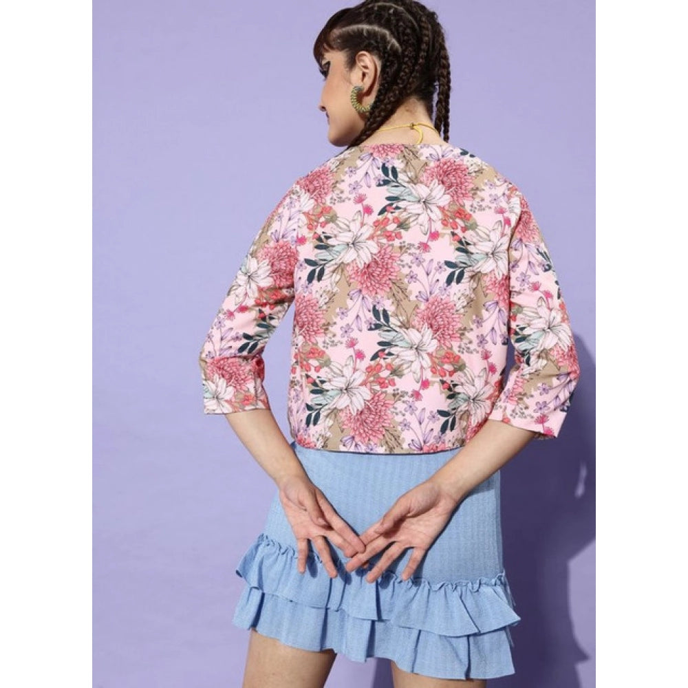Women’s Peach Floral 3/4 Sleeve Front Open Shrug