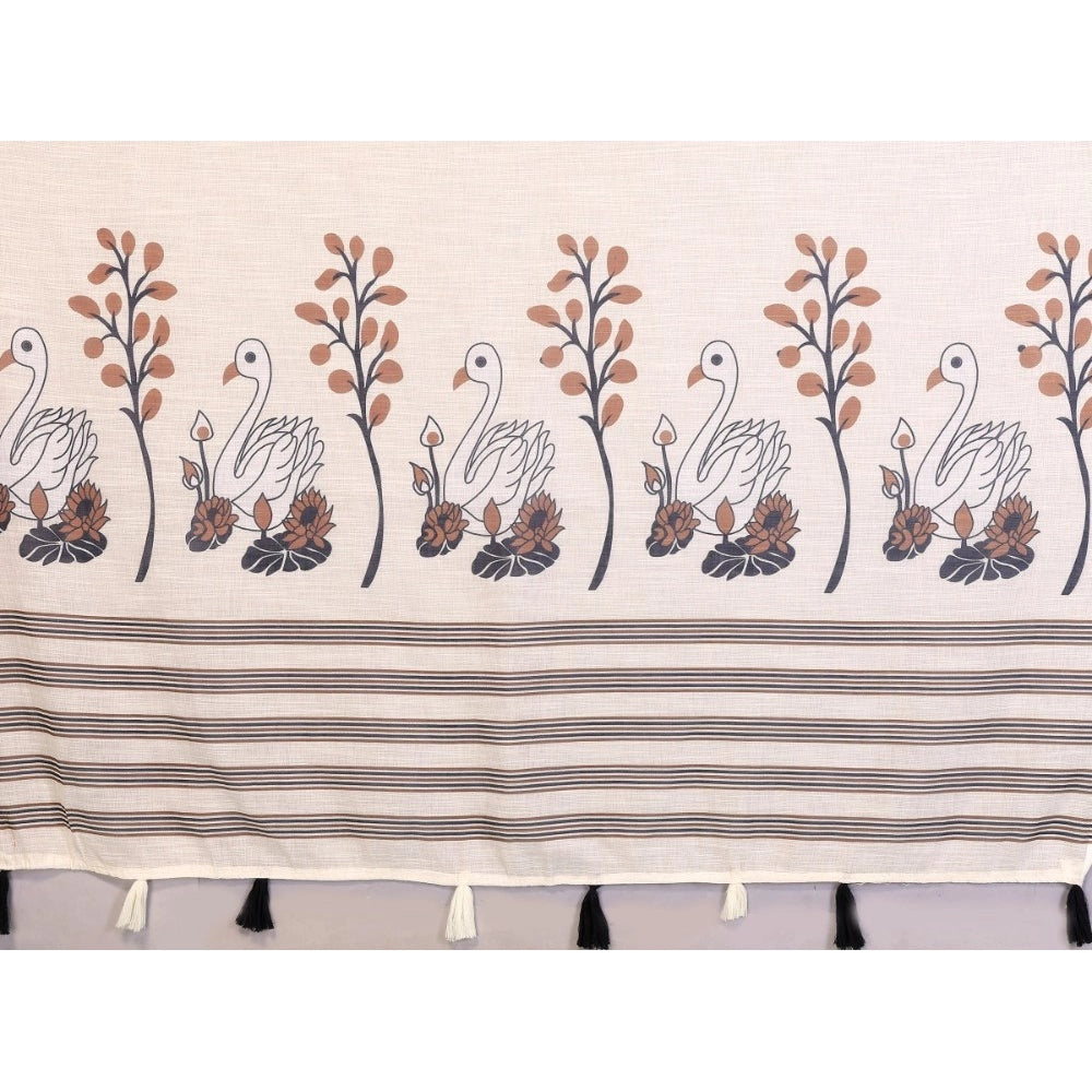 Women's Off White Linen Cotton Printed Saree With Unstitched Blouse – 5.5 Mtr