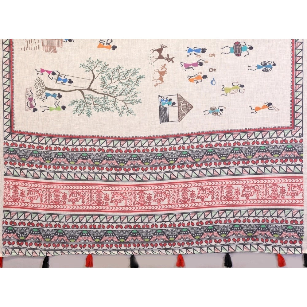 Women's Off White Linen Cotton Printed Saree With Unstitched Blouse – 5.5 Mtr