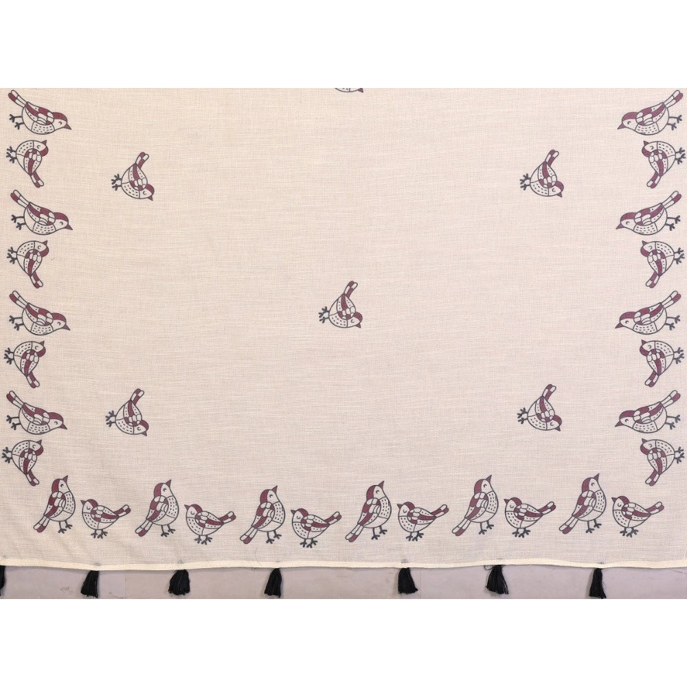 Women's Off White Linen Cotton Printed Saree With Unstitched Blouse – 5.5 Mtr