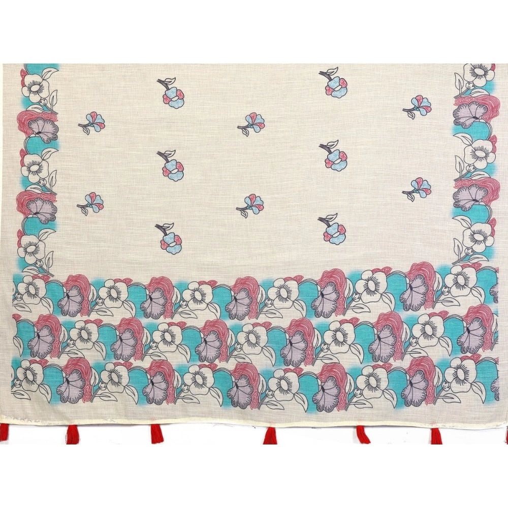 Women's Off White Linen Cotton Printed Saree With Unstitched Blouse – 5.5 Mtr