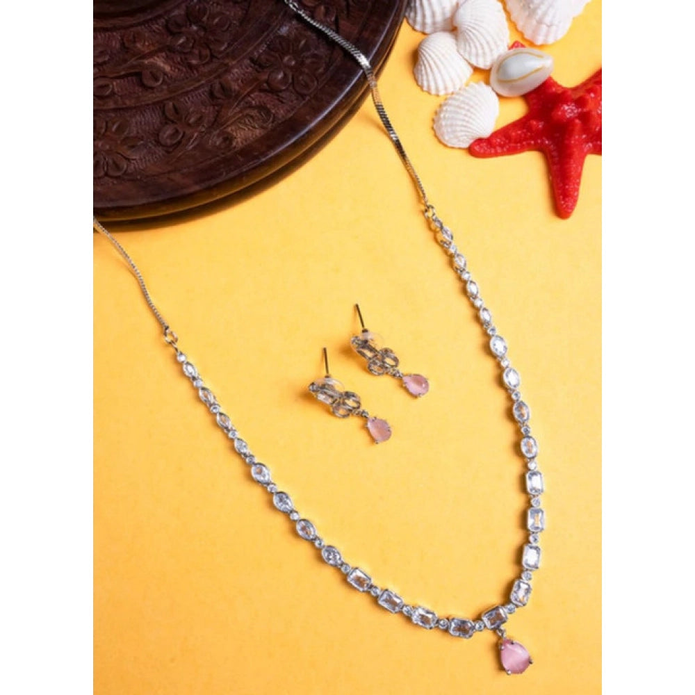 Women's Pink Brass Silver Plated Necklace Set