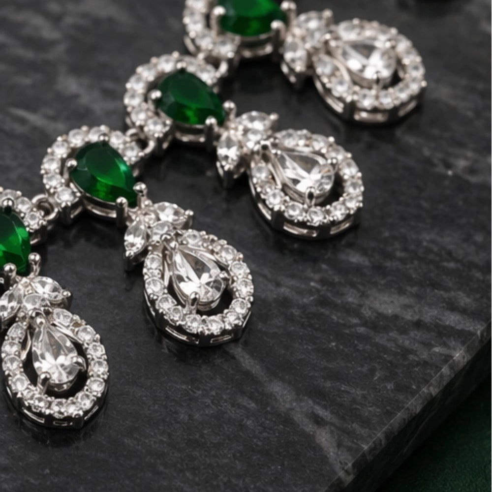 Women's Green Brass Silver Plated Necklace Set