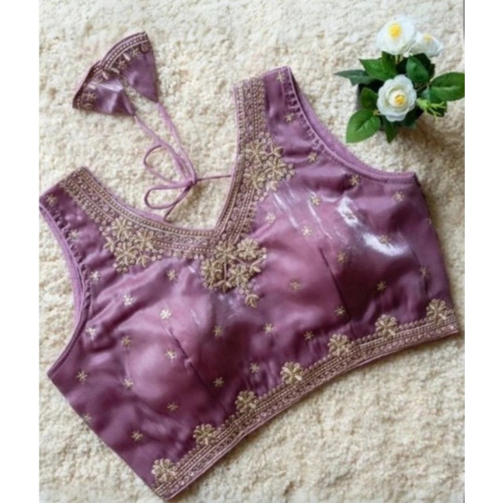 Generic Women's Silk Embroidered V-Neck Sleeveless Readymade Padded Blouse (Purple, Size 38)
