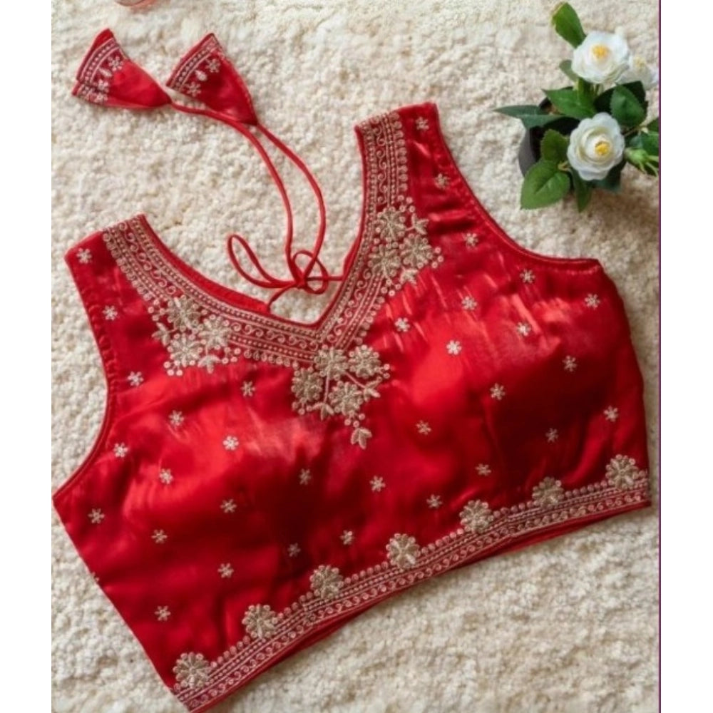Generic Women's Silk Embroidered V-Neck Sleeveless Readymade Padded Blouse (Red, Size 38)