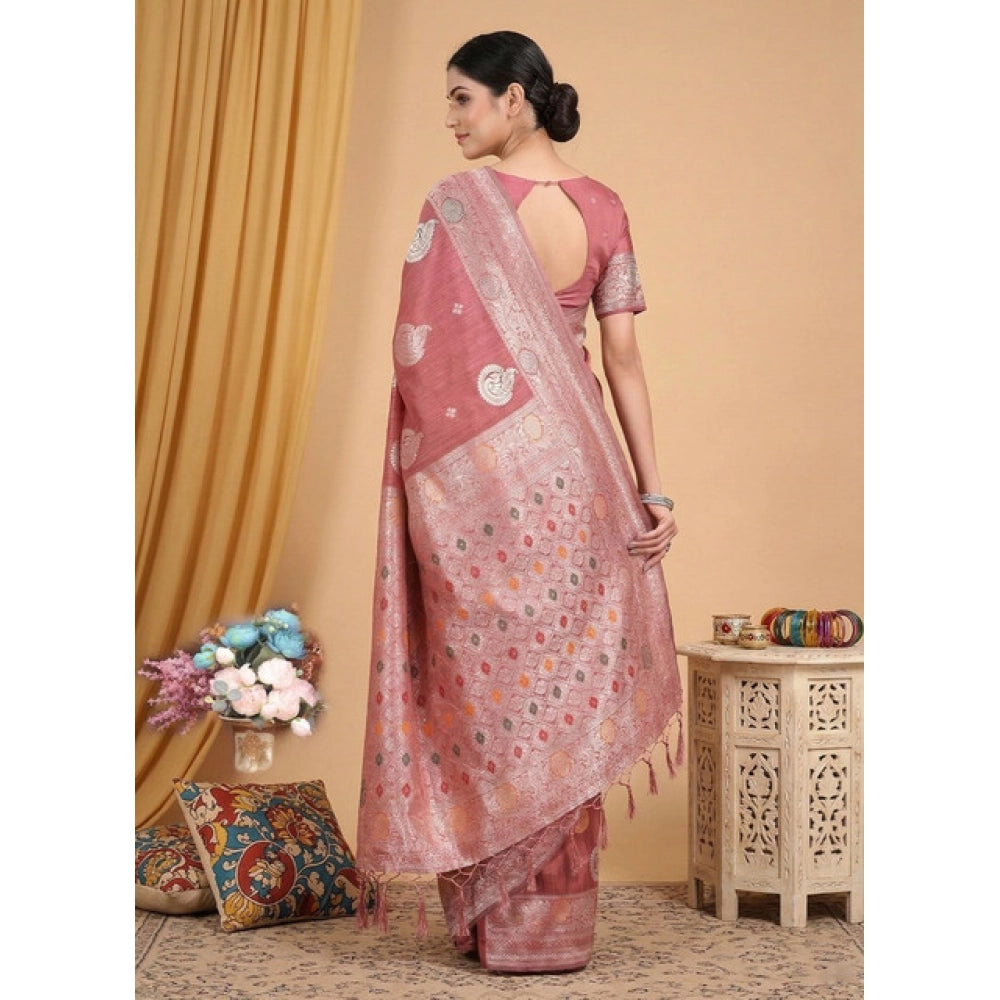 Women's Pink Linen Cotton Printed Saree With Unstitched Blouse – 5.5 Mtr