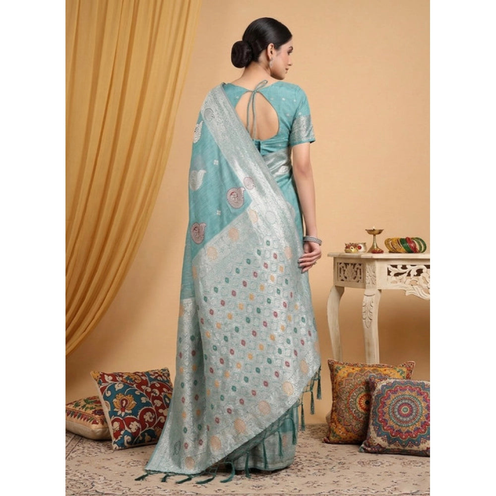 Women's Sea Green Linen Cotton Printed Saree With Unstitched Blouse – 5.5 Mtr