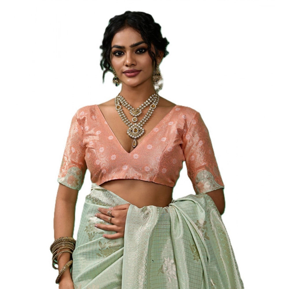 Women's Pista Green Linen Cotton Printed Saree With Unstitched Blouse – 5.5 Mtr