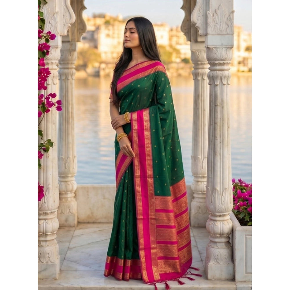 Women's Dark Green-Pink Silk Blend Printed Saree with Unstitched Blouse – 5.5 Mtr