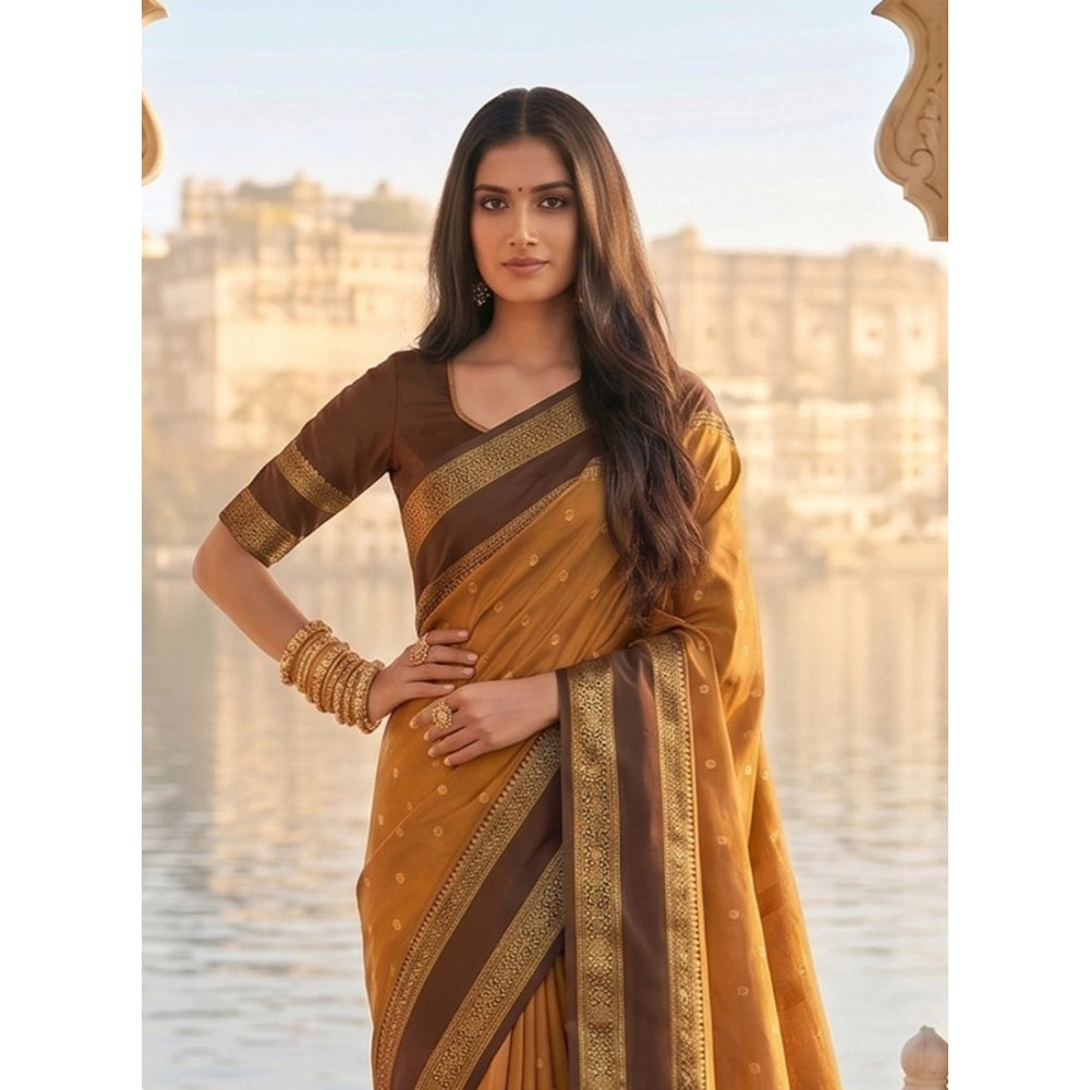 Women's Mustard Brown Silk Blend Printed Saree with Unstitched Blouse – 5.5 Mtr