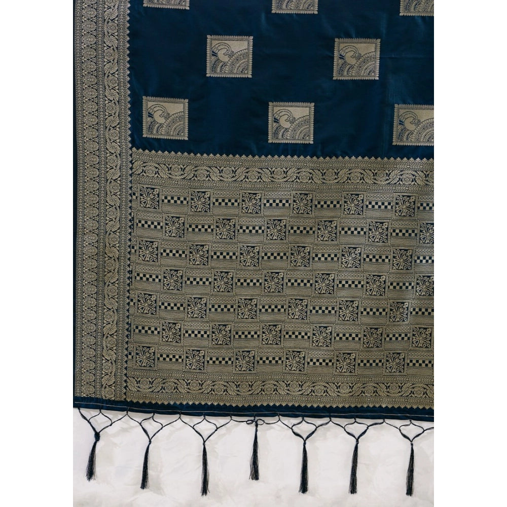 Women's Teal Blue Silk Blend Printed Saree with Unstitched Blouse – 5.5 Mtr