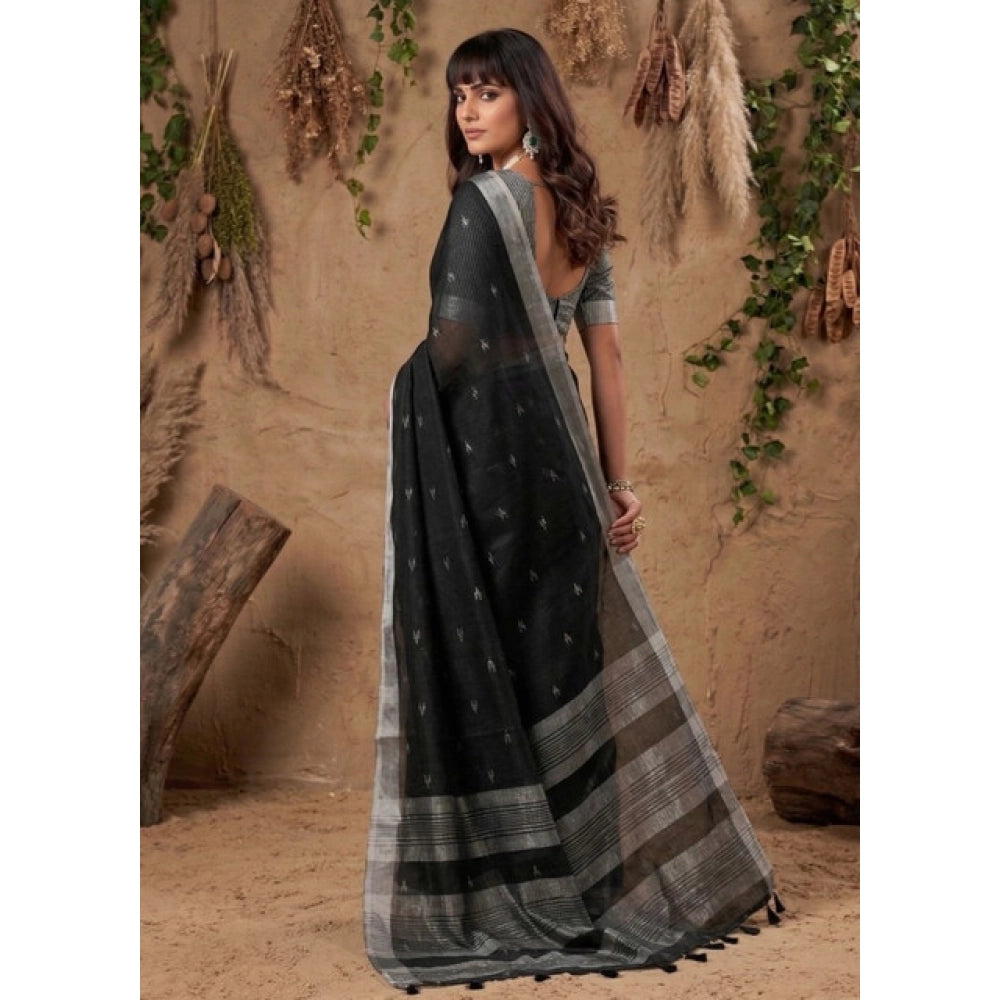 Women's Black Linen Cotton Printed Saree With Unstitched Blouse – 5.5 Mtr