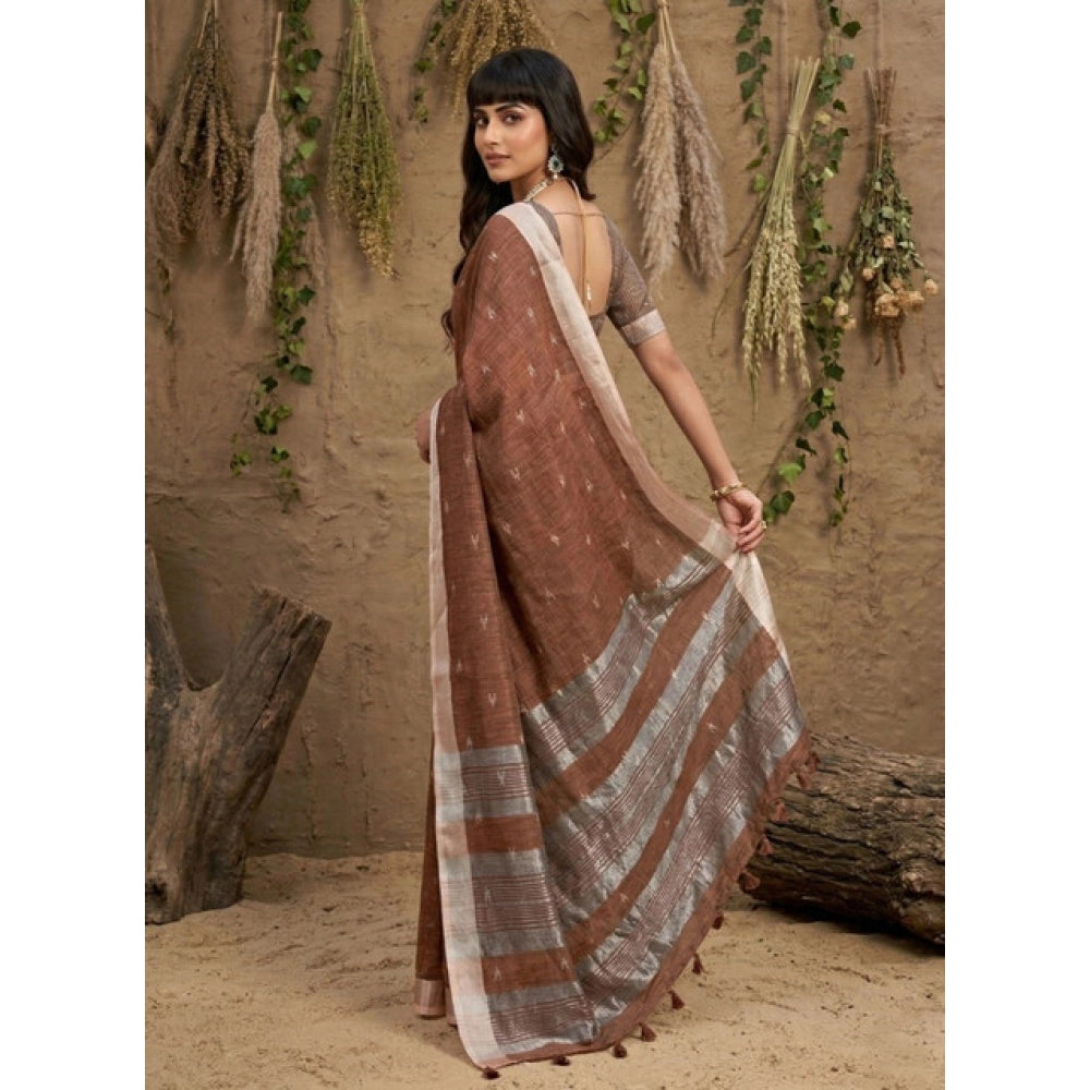 Women's Brown Linen Cotton Printed Saree With Unstitched Blouse – 5.5 Mtr
