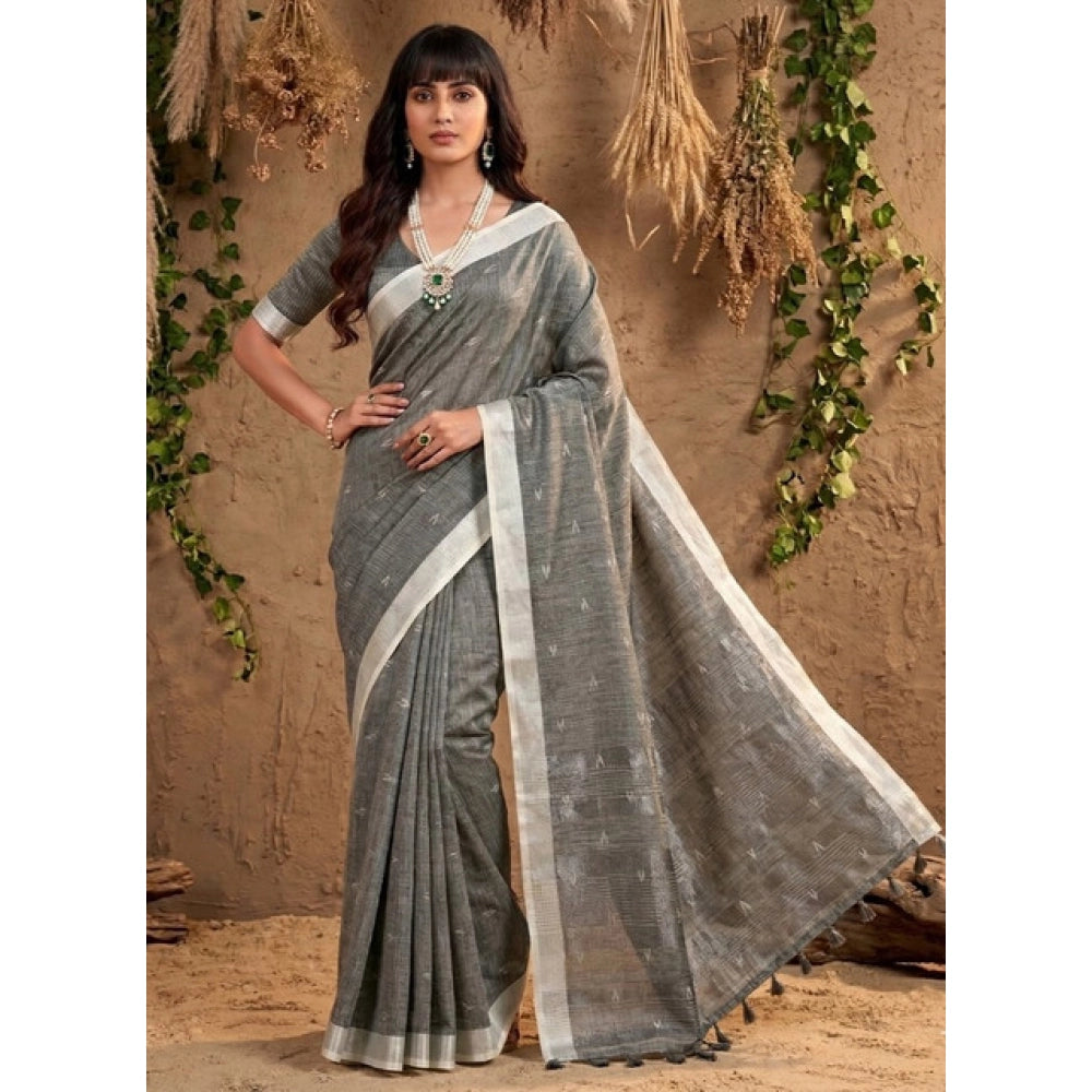 Women's Gray Linen Cotton Printed Saree with Unstitched Blouse – 5.5 Mtr