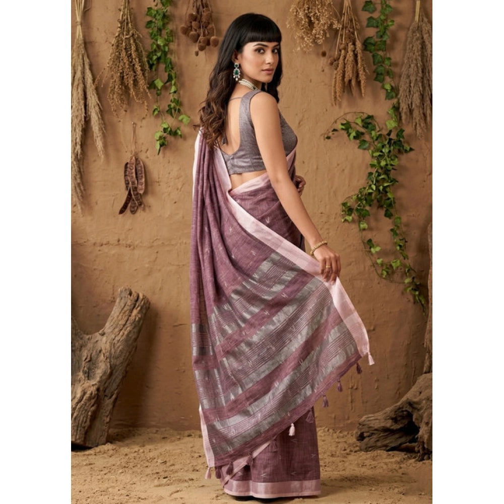 Women's Purple Linen Cotton Printed Saree with Unstitched Blouse – 5.5 Mtr