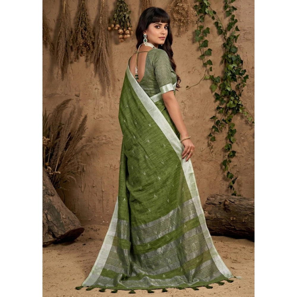 Women's Green Linen Cotton Printed Saree with Unstitched Blouse – 5.5 Mtr