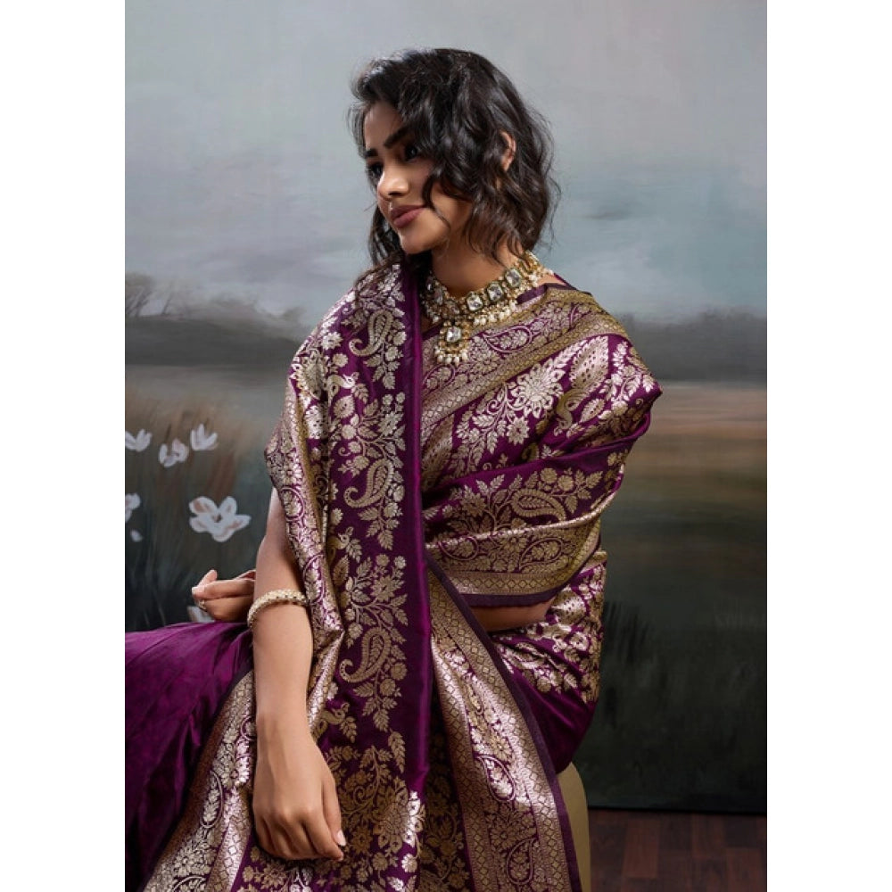 Women's Wine Silk Blend Printed Saree with Unstitched Blouse – 5.5 Mtr