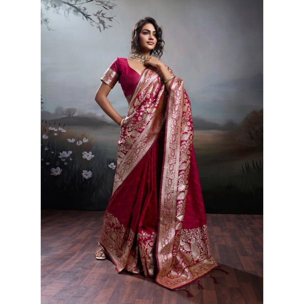 Women's Maroon Silk Blend Printed Saree with Unstitched Blouse – 5.5 Mtr