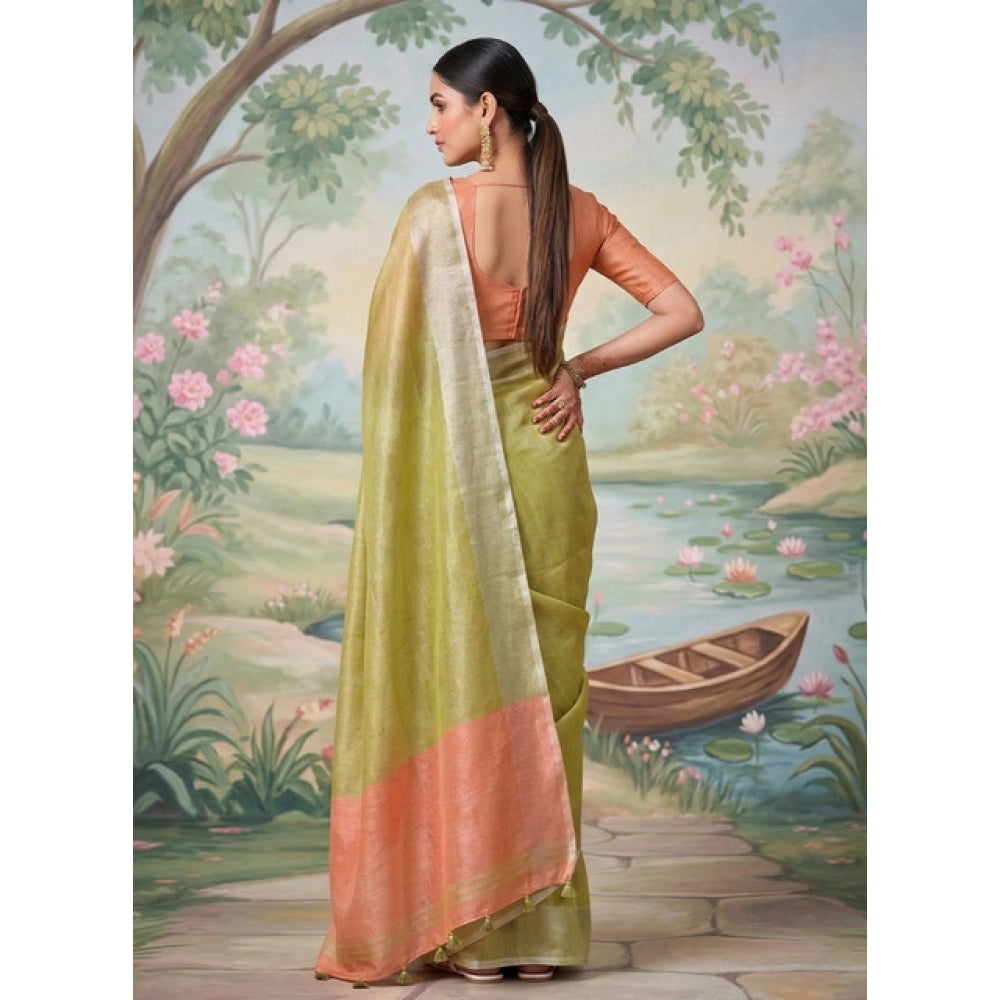 Women's Green Tissue Silk Solid Saree with Unstitched Blouse – 5.5 Mtr