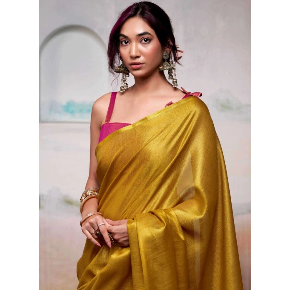 Women's Yellow Tissue Silk Solid Saree with Unstitched Blouse – 5.5 Mtr