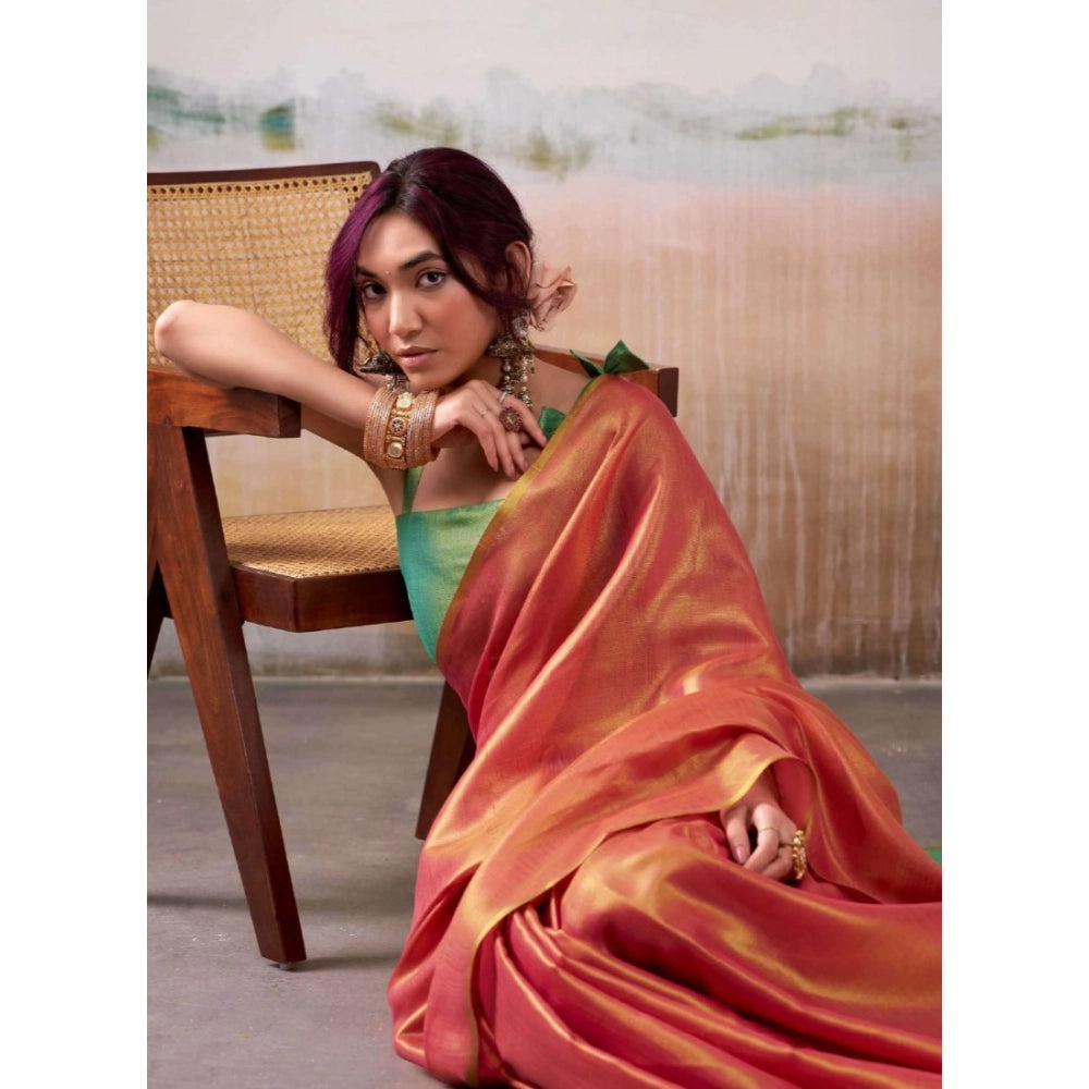 Women's Peach Tissue Silk Solid Saree with Unstitched Blouse – 5.5 Mtr