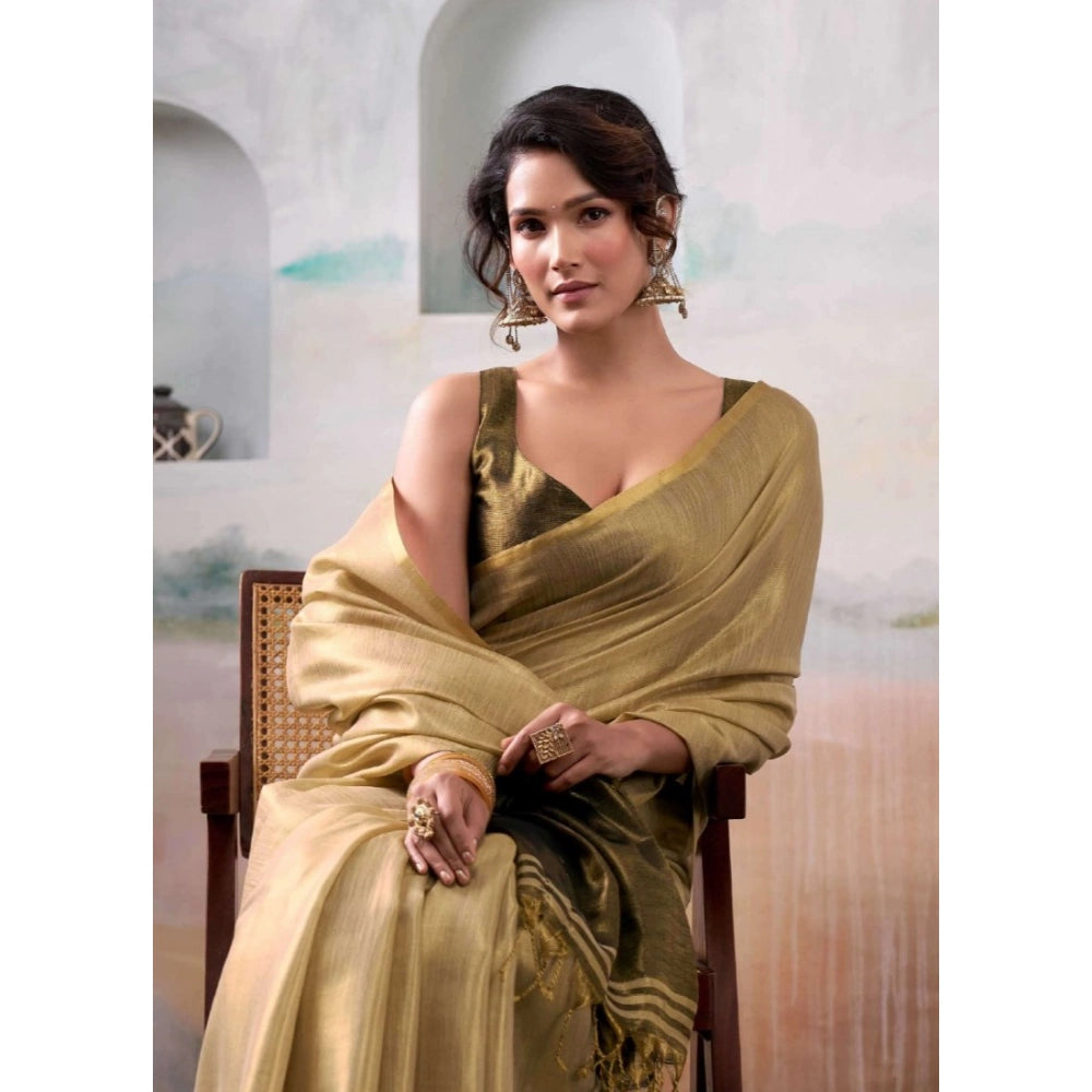 Women's Gold Tissue Silk Solid Saree with Unstitched Blouse – 5.5 Mtr