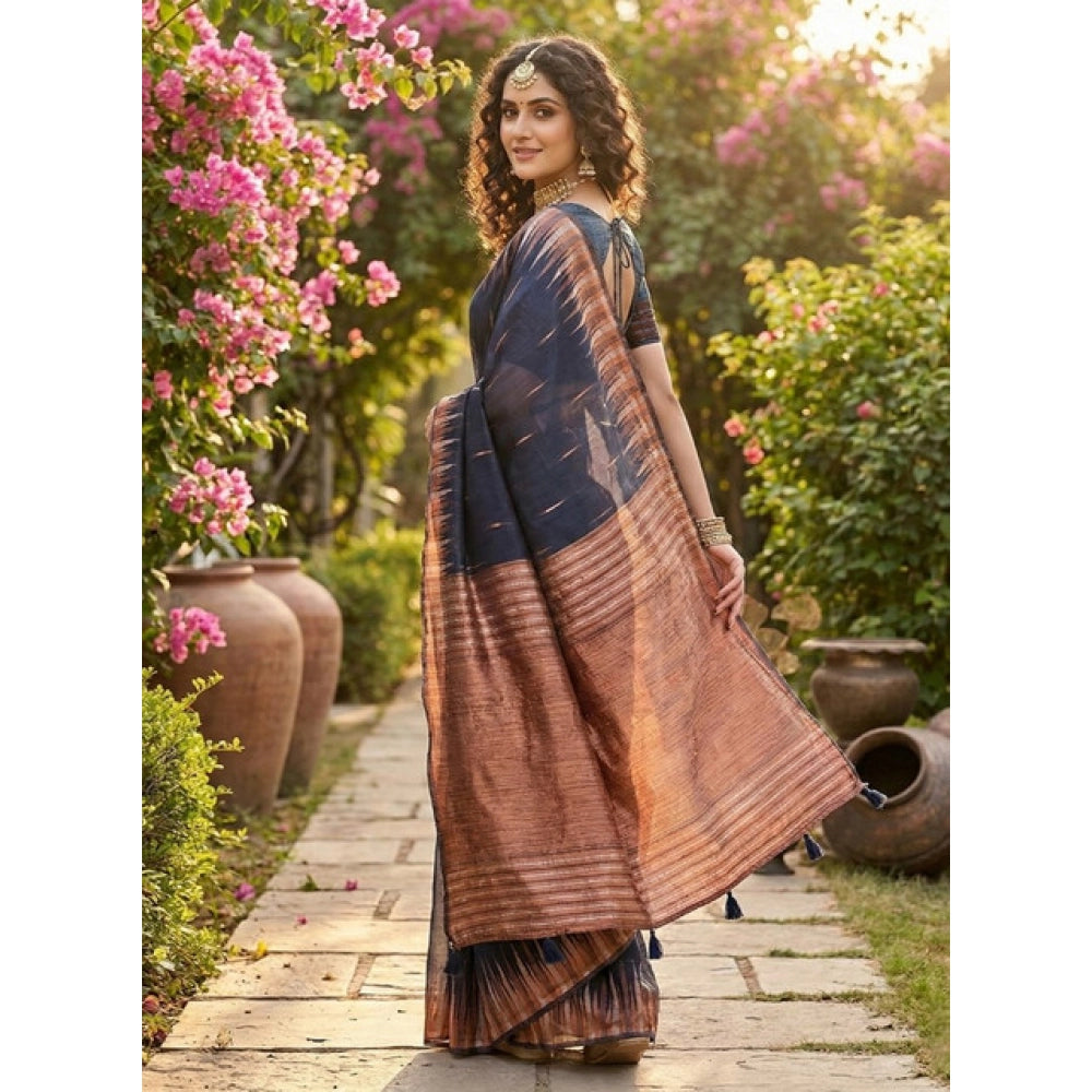 Women's Navy Blue Linen Cotton Printed Saree with Unstitched Blouse – 5.5 Mtr