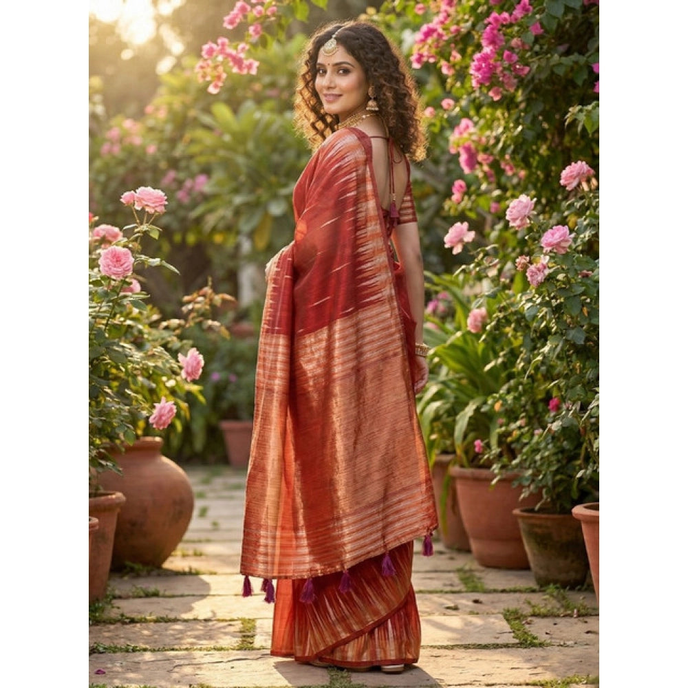 Women's Red Linen Cotton Printed Saree with Unstitched Blouse – 5.5 Mtr