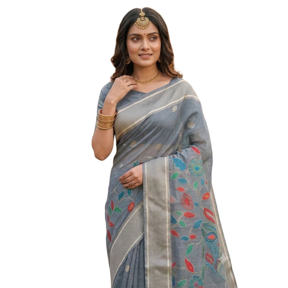 Women's Gray Linen Cotton Floral Embroidered Saree with Unstitched Blouse – 5.5 Mtr