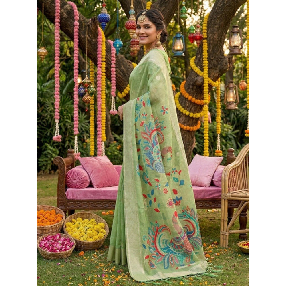 Women's Light Green Linen Cotton Floral Embroidered Saree with Unstitched Blouse – 5.5 Mtr
