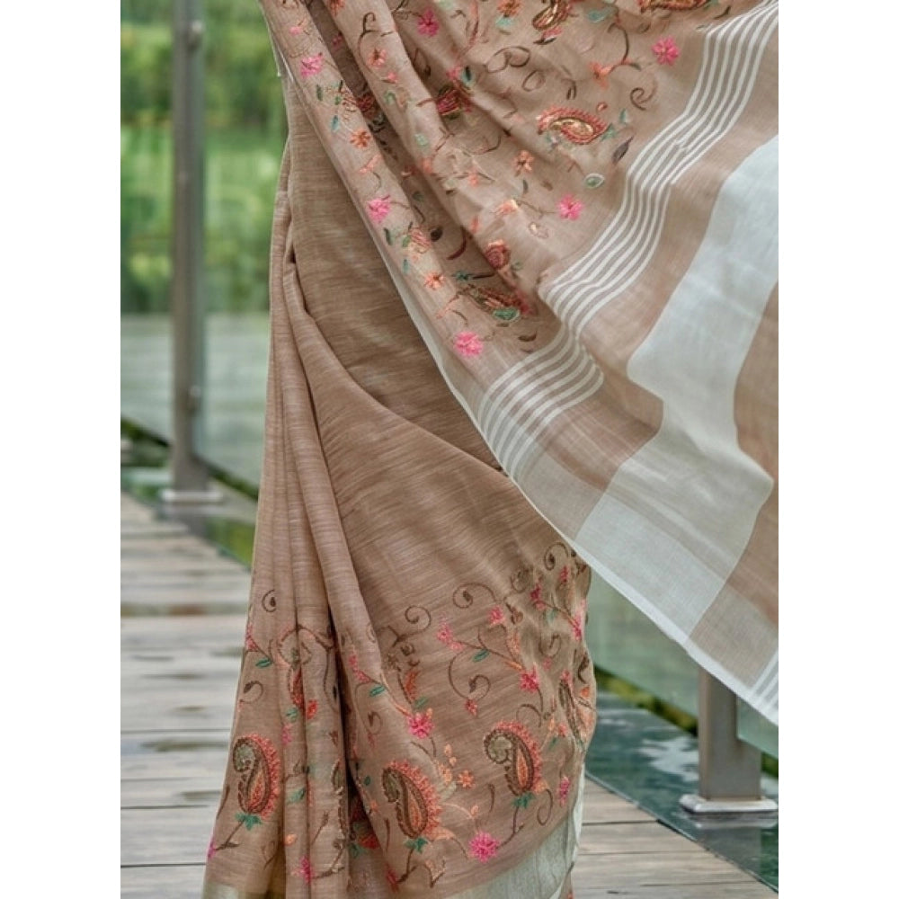 Women's Brown Linen Floral Embroidered Saree with Unstitched Blouse – 5.5 Mtr