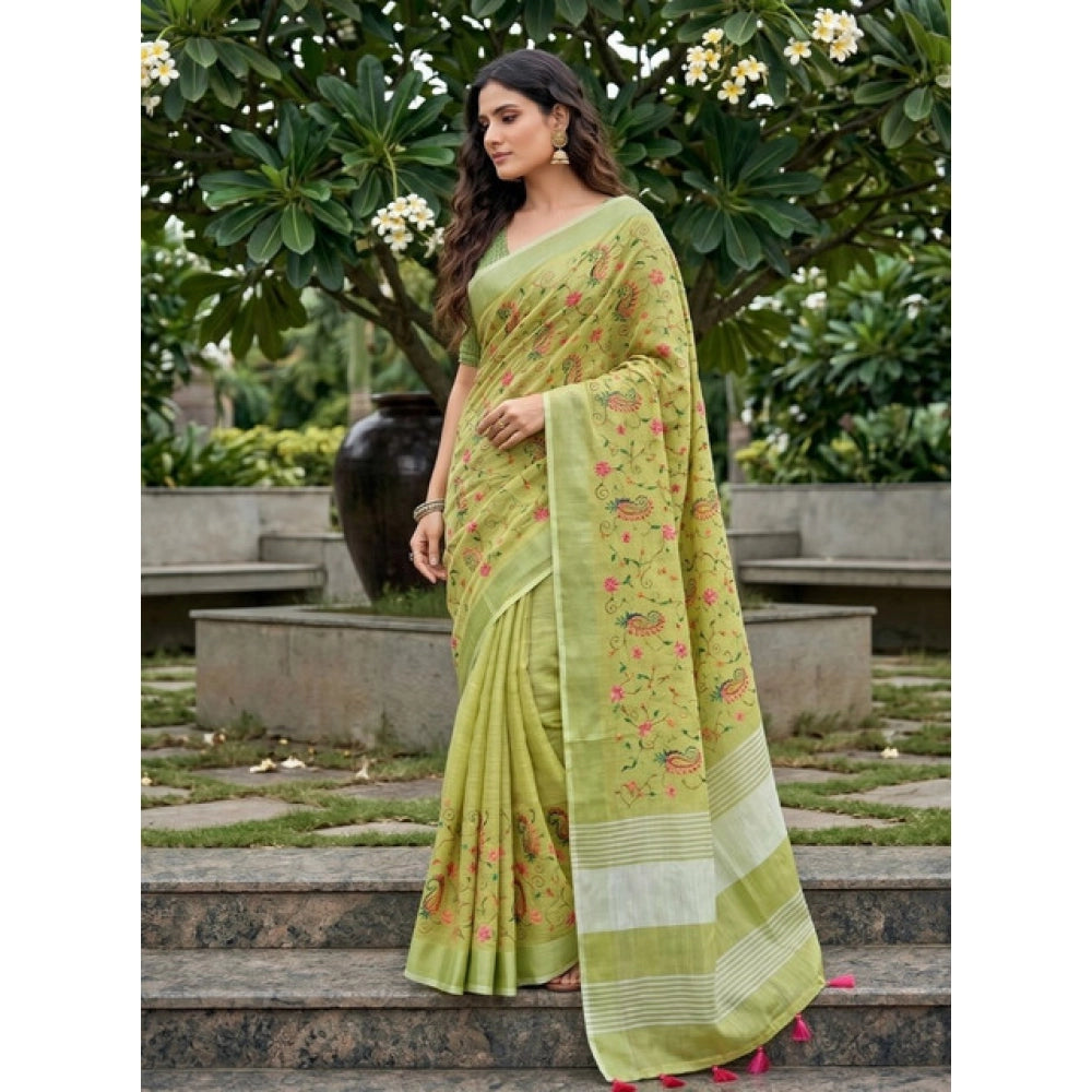 Women's Light Green Linen Floral Embroidered Saree with Unstitched Blouse – 5.5 Mtr