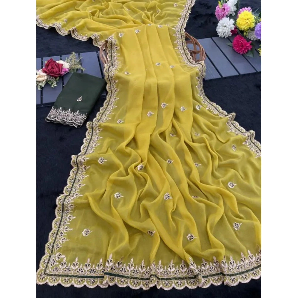Generic Women's Yellow Georgette Embellished Saree With Unstitched Blouse – 5.5 Meters