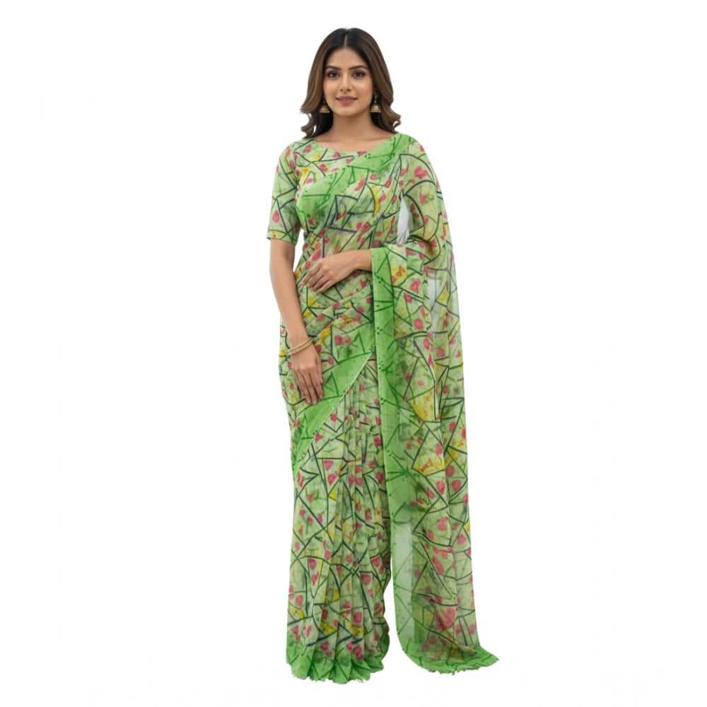 Women's Printed Georgette Saree with Unstitched Blouse (Green)