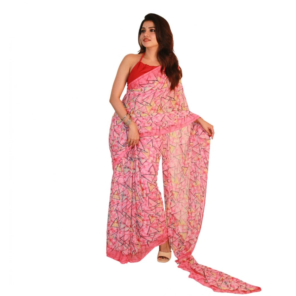 Women's Pink Georgette Printed Saree with Unstitched Blouse