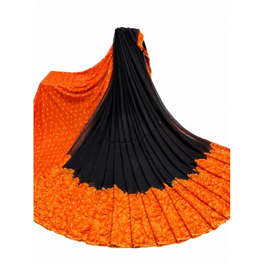 Women's Black & Orange Georgette Printed Saree with Unstitched Blouse
