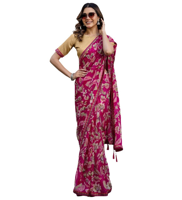 Women's Magenta Georgette Floral Printed Saree With Unstitched Blouse – 5.5 Mtr