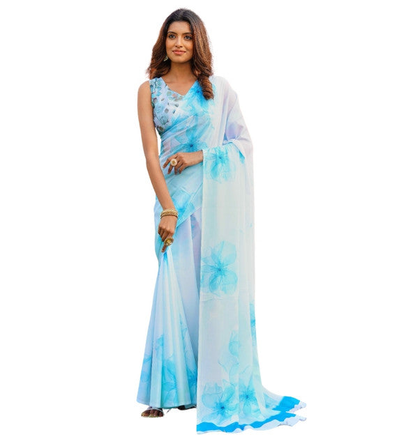 Women's Off White-Sky Blue Georgette Floral Printed Saree With Unstitched Blouse – 5.5 Mtr