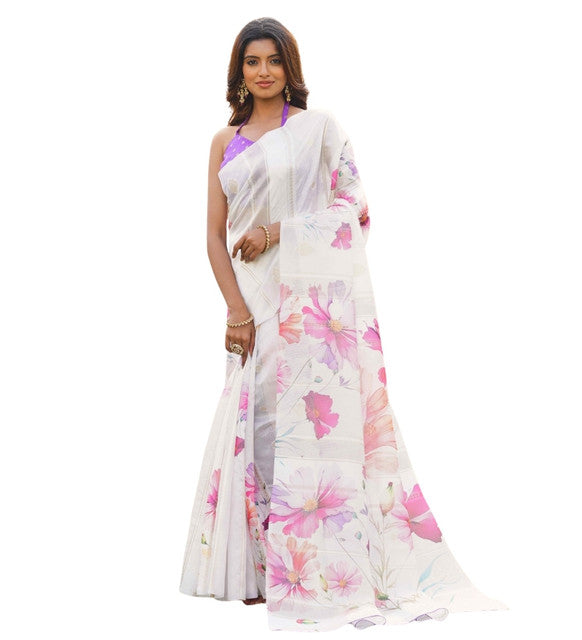 Women's White-Pink Georgette Floral Printed Saree With Unstitched Blouse – 5.5 Mtr