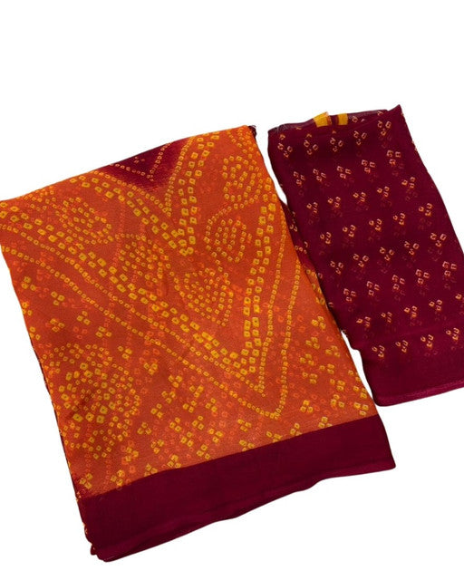 Women's Orange-Maroon Georgette Bandhani Printed Saree With Unstitched Blouse – 5.5 Mtr
