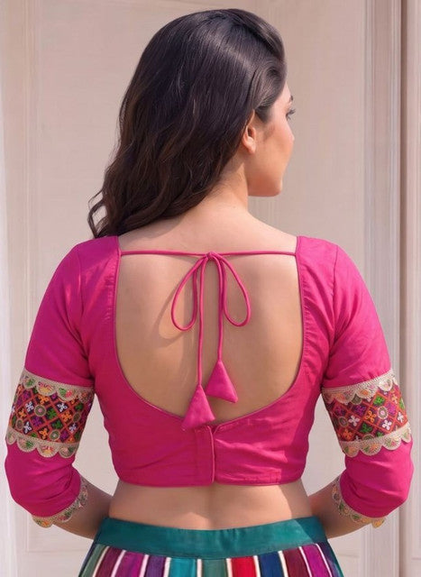 Generic Women's Cotton Blend Embroidered 3/4 Sleeve V-Neck Padded Readymade Blouse (Pink, Size 38 - Self-Alterable 36�40)