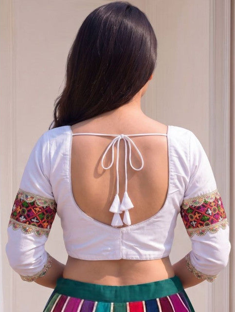 Generic Women's Cotton Blend Embroidered 3/4 Sleeve V-Neck Padded Readymade Blouse (White, Size 38 - Self-Alterable 36�40)
