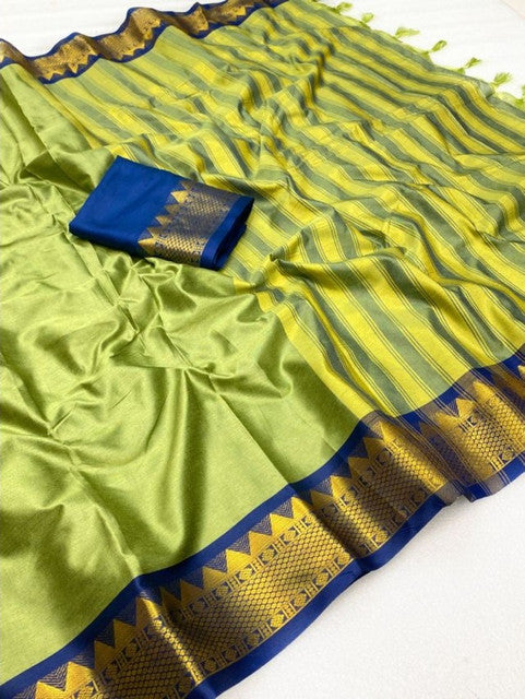 Generic Women's Cotton Silk Striped Saree With Unstitched Blouse - 5.5 Mtr (Pista Green-Blue)