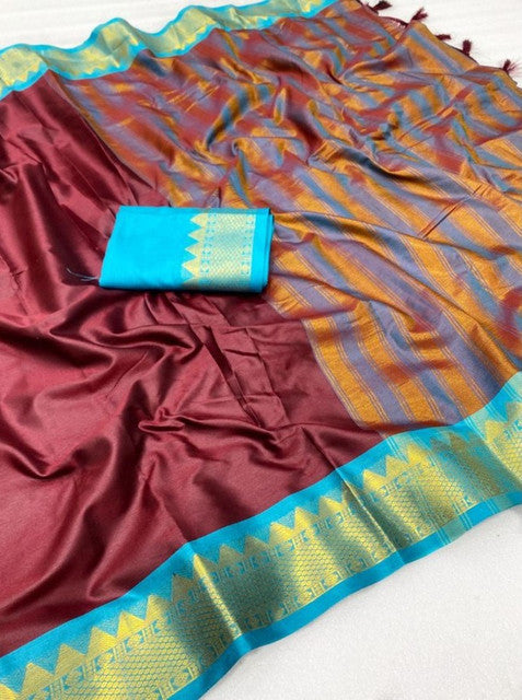Generic Women's Cotton Silk Striped Saree With Unstitched Blouse - 5.5 Mtr (Maroon-Turquoise)