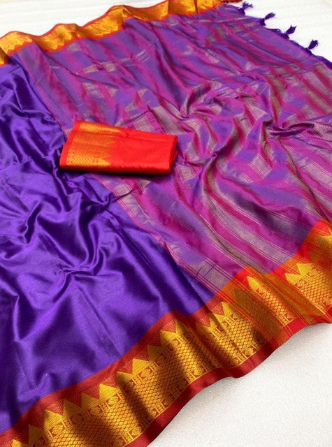 Generic Women's Cotton Silk Striped Saree With Unstitched Blouse - 5.5 Mtr (Purple-Red)