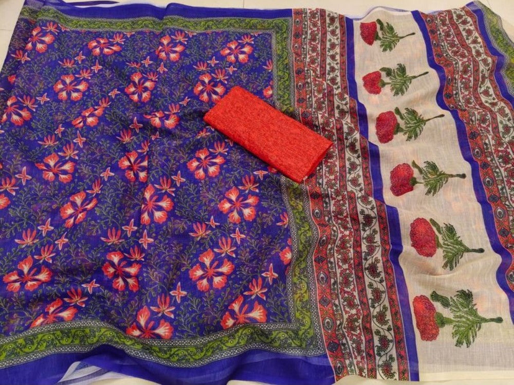 Generic Women's Linen Floral Printed Saree With Unstitched Blouse - 5.5 Mtr (Multicolor)