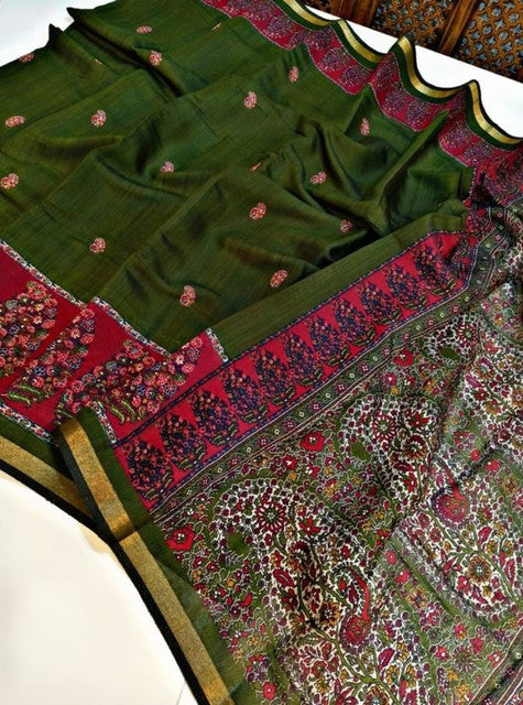 Generic Women's Linen Kalamkari Printed Saree With Unstitched Blouse - 5.5 Mtr (Green-Pink)