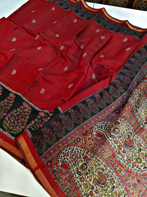 Generic Women's Linen Kalamkari Printed Saree With Unstitched Blouse - 5.5 Mtr (Red-Navy Blue)