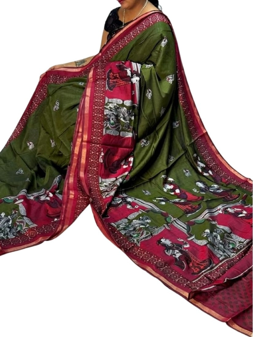 Generic Women's Linen Kalamkari Printed Saree With Unstitched Blouse - 5.5 Mtr (Olive Green-Maroon)